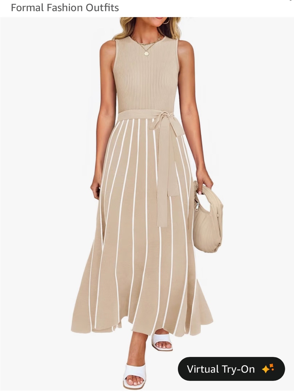 Sleeveless Beige Stripe Midi Skirt Dress with Waist Tie